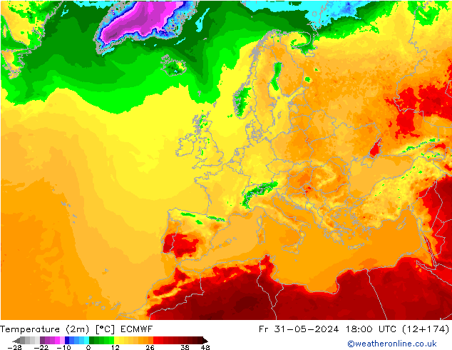 Temperatuurkaart (2m) ECMWF vr 31.05.2024 18 UTC