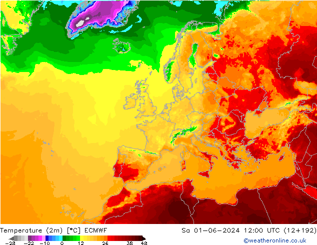 Temperatuurkaart (2m) ECMWF za 01.06.2024 12 UTC