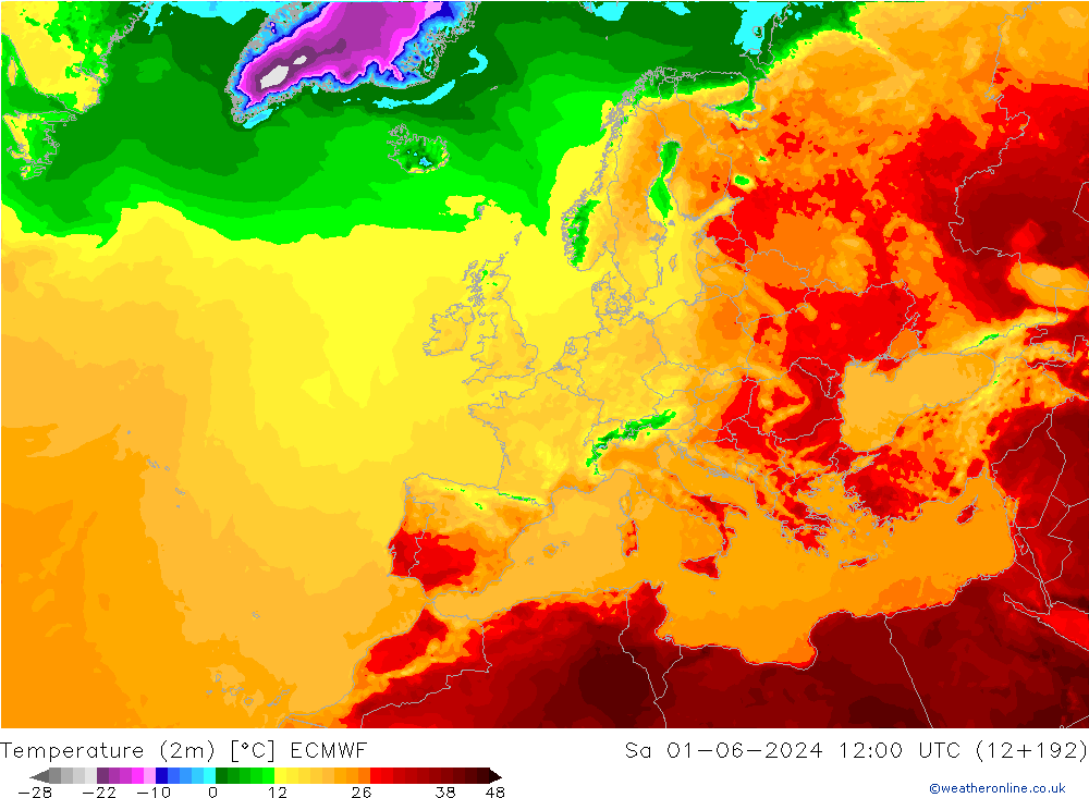 Temperature (2m) ECMWF Sa 01.06.2024 12 UTC