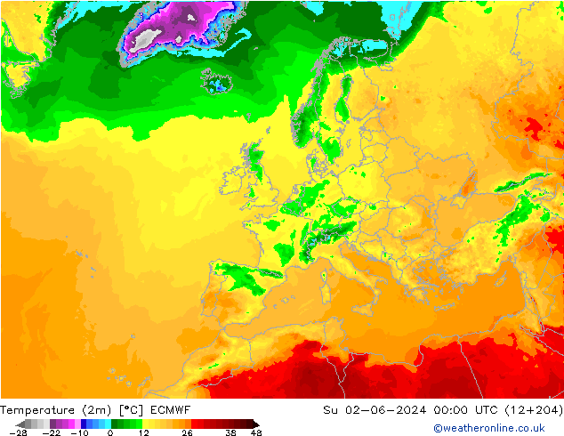 Temperatura (2m) ECMWF dom 02.06.2024 00 UTC