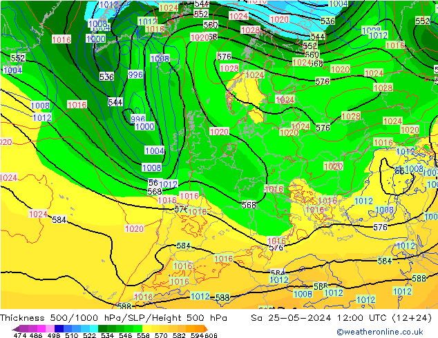 Schichtdicke 500-1000 hPa ECMWF Sa 25.05.2024 12 UTC