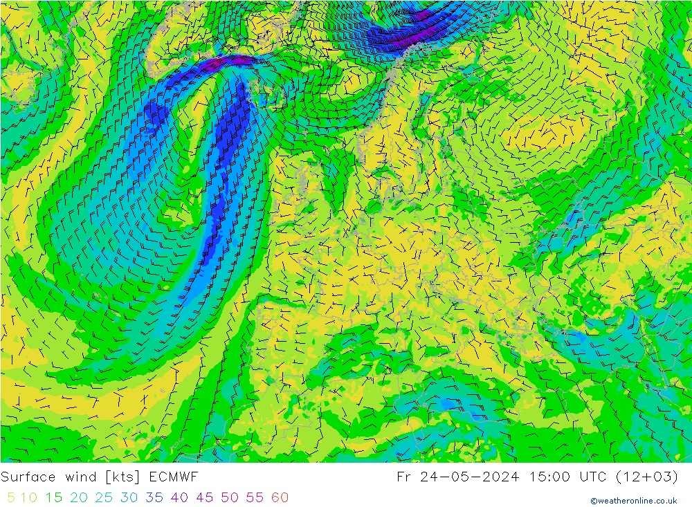 Vento 10 m ECMWF Sex 24.05.2024 15 UTC