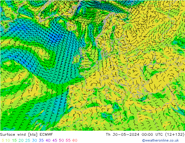 Vento 10 m ECMWF Qui 30.05.2024 00 UTC