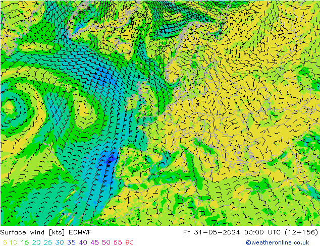 wiatr 10 m ECMWF pt. 31.05.2024 00 UTC