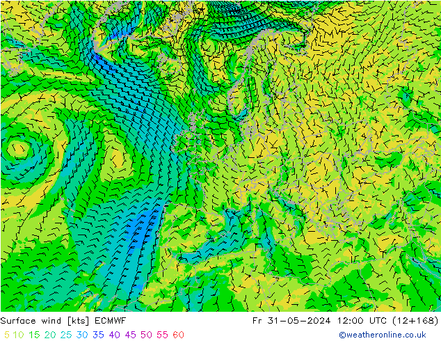 Surface wind ECMWF Pá 31.05.2024 12 UTC