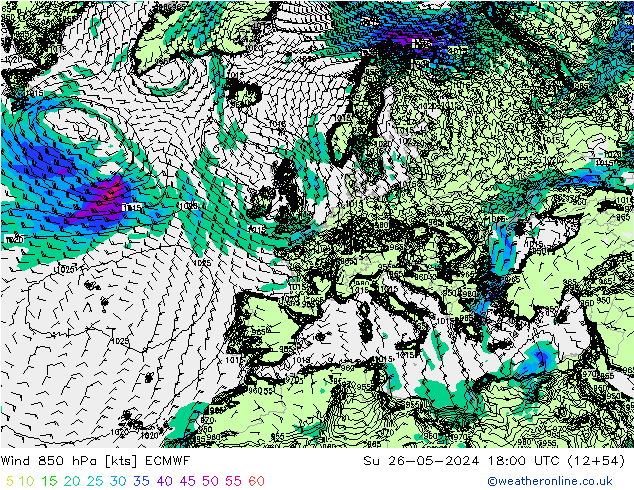 Vento 850 hPa ECMWF Dom 26.05.2024 18 UTC