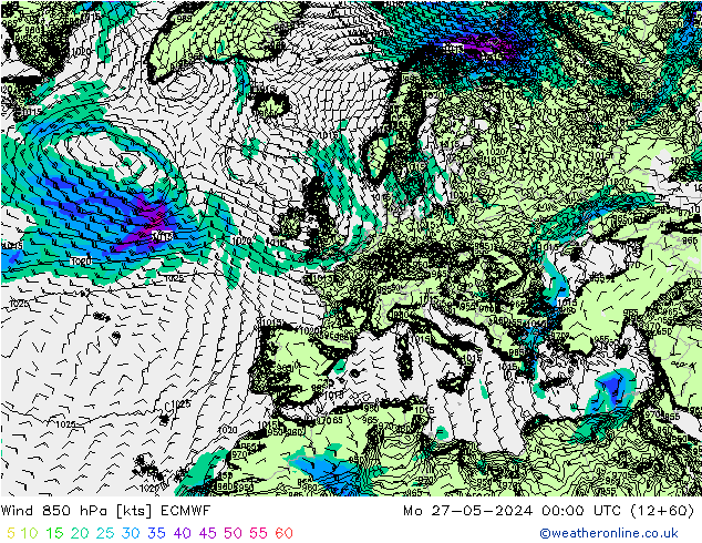 ветер 850 гПа ECMWF пн 27.05.2024 00 UTC