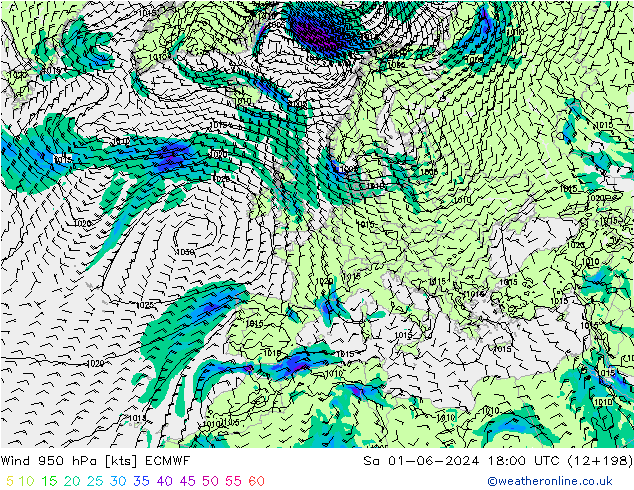 Wind 950 hPa ECMWF Sa 01.06.2024 18 UTC