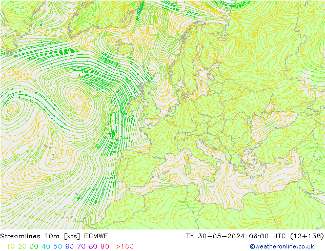 Stroomlijn 10m ECMWF do 30.05.2024 06 UTC
