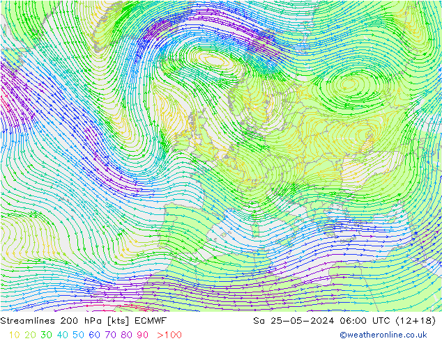 Linia prądu 200 hPa ECMWF so. 25.05.2024 06 UTC