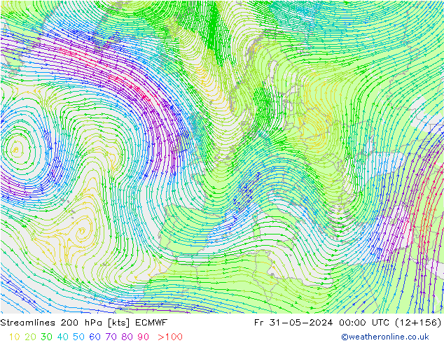 Linia prądu 200 hPa ECMWF pt. 31.05.2024 00 UTC