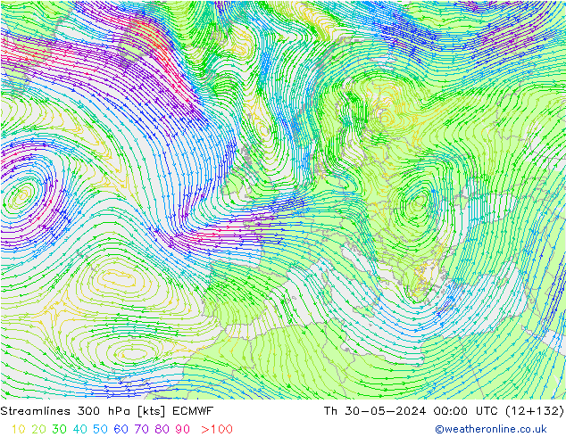 Streamlines 300 hPa ECMWF Čt 30.05.2024 00 UTC