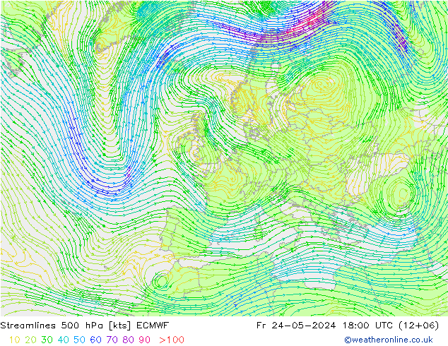 Linea di flusso 500 hPa ECMWF ven 24.05.2024 18 UTC