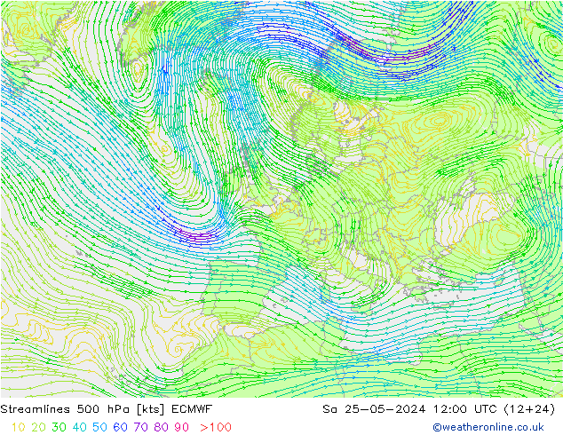 Stromlinien 500 hPa ECMWF Sa 25.05.2024 12 UTC