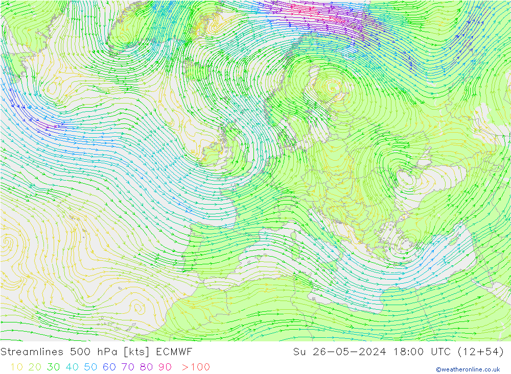 Ligne de courant 500 hPa ECMWF dim 26.05.2024 18 UTC