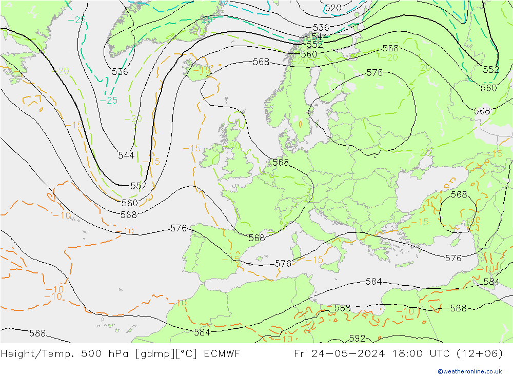 Z500/Rain (+SLP)/Z850 ECMWF 星期五 24.05.2024 18 UTC