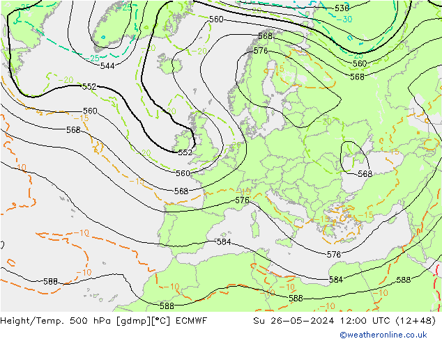 Z500/Rain (+SLP)/Z850 ECMWF nie. 26.05.2024 12 UTC