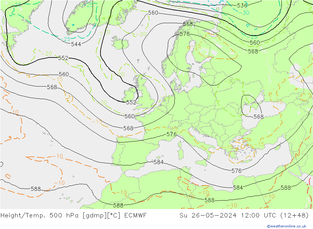 Z500/Rain (+SLP)/Z850 ECMWF Su 26.05.2024 12 UTC