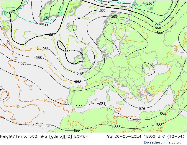 Height/Temp. 500 hPa ECMWF dom 26.05.2024 18 UTC