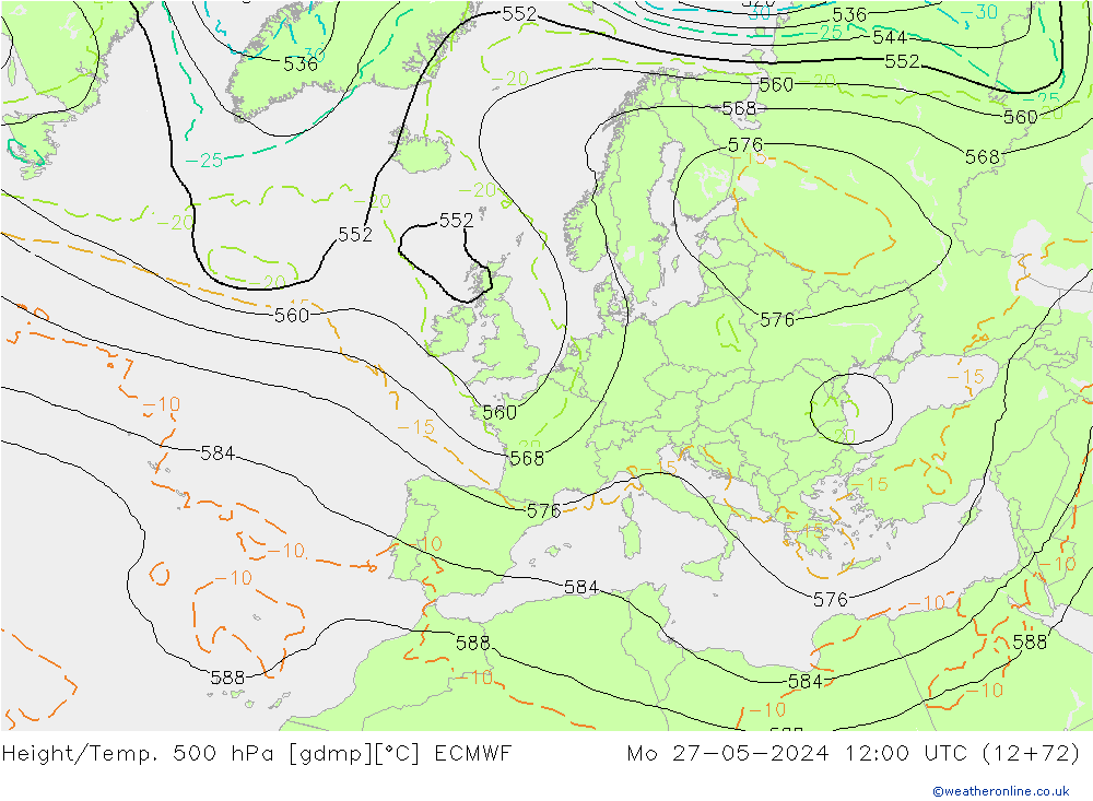 Z500/Rain (+SLP)/Z850 ECMWF пн 27.05.2024 12 UTC