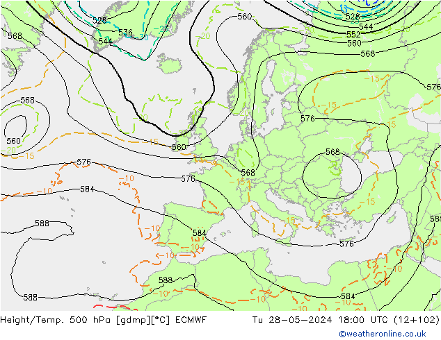 Height/Temp. 500 hPa ECMWF Út 28.05.2024 18 UTC