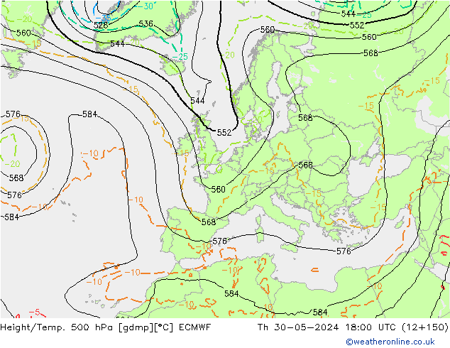 Z500/Rain (+SLP)/Z850 ECMWF gio 30.05.2024 18 UTC