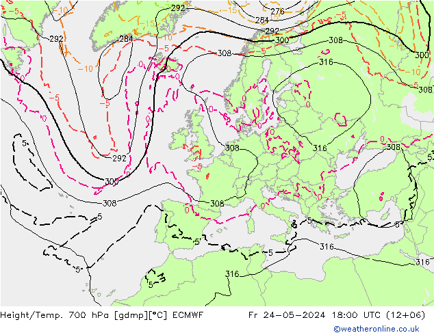 Geop./Temp. 700 hPa ECMWF vie 24.05.2024 18 UTC