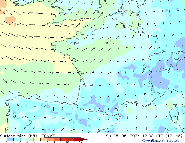 Vent 10 m (bft) ECMWF dim 26.05.2024 12 UTC