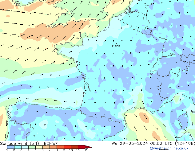 Vento 10 m (bft) ECMWF mer 29.05.2024 00 UTC