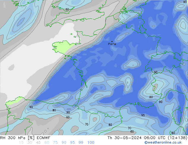 RH 300 hPa ECMWF gio 30.05.2024 06 UTC