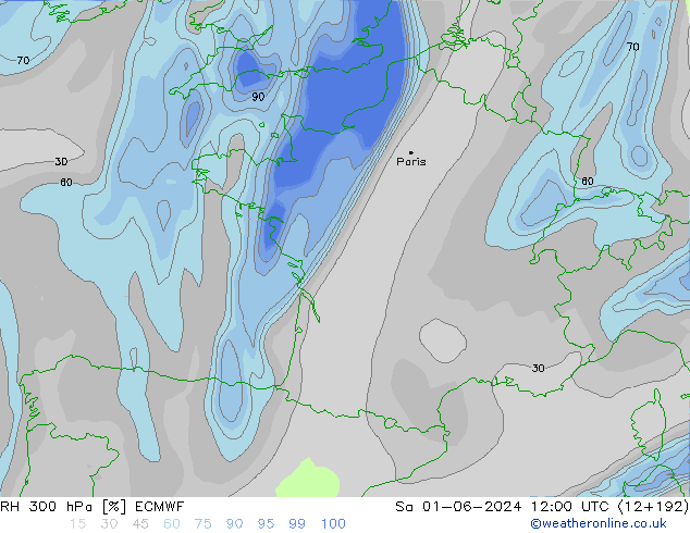 RH 300 hPa ECMWF Sa 01.06.2024 12 UTC