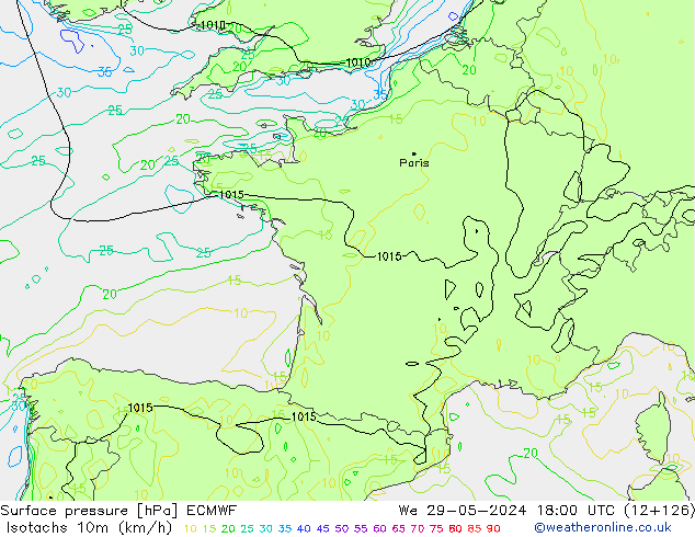 Isotaca (kph) ECMWF mié 29.05.2024 18 UTC