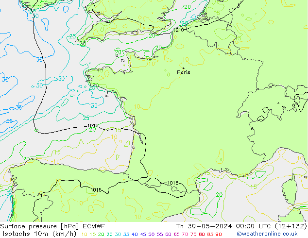 Isotachs (kph) ECMWF gio 30.05.2024 00 UTC