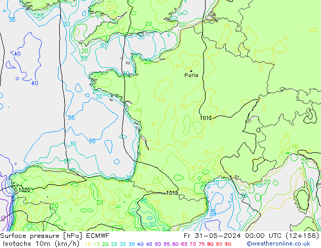 Isotachen (km/h) ECMWF vr 31.05.2024 00 UTC