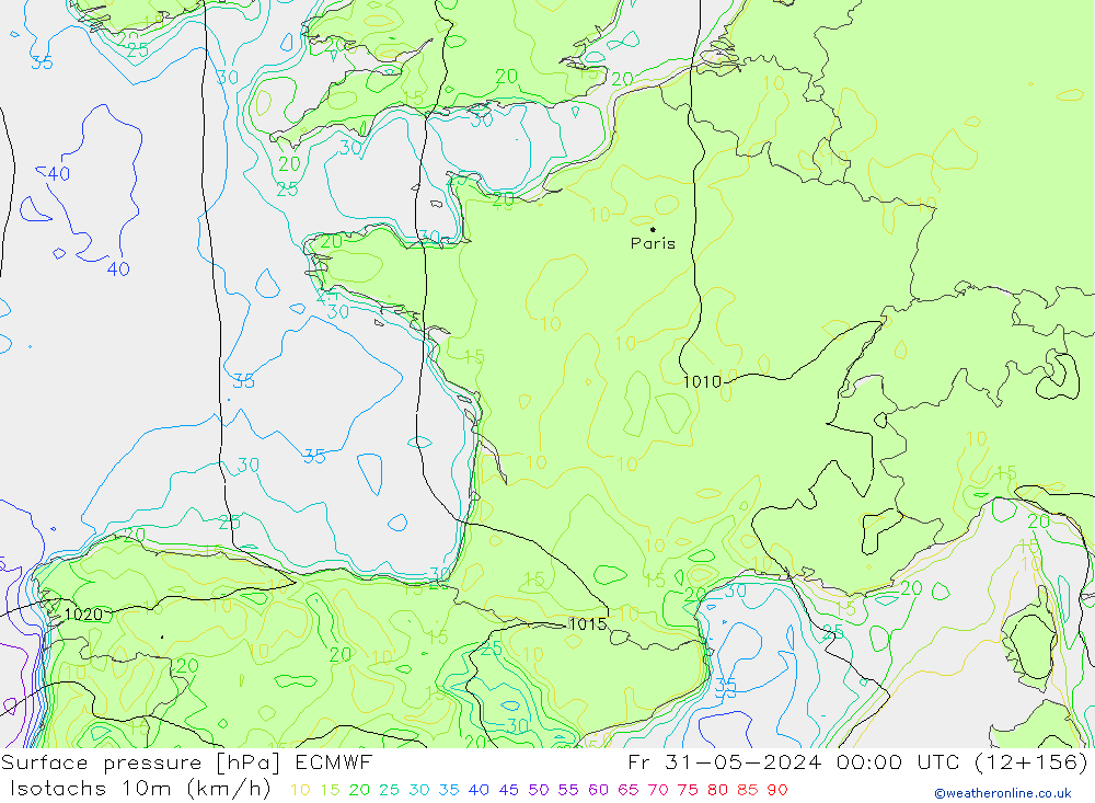 Isotachs (kph) ECMWF ven 31.05.2024 00 UTC