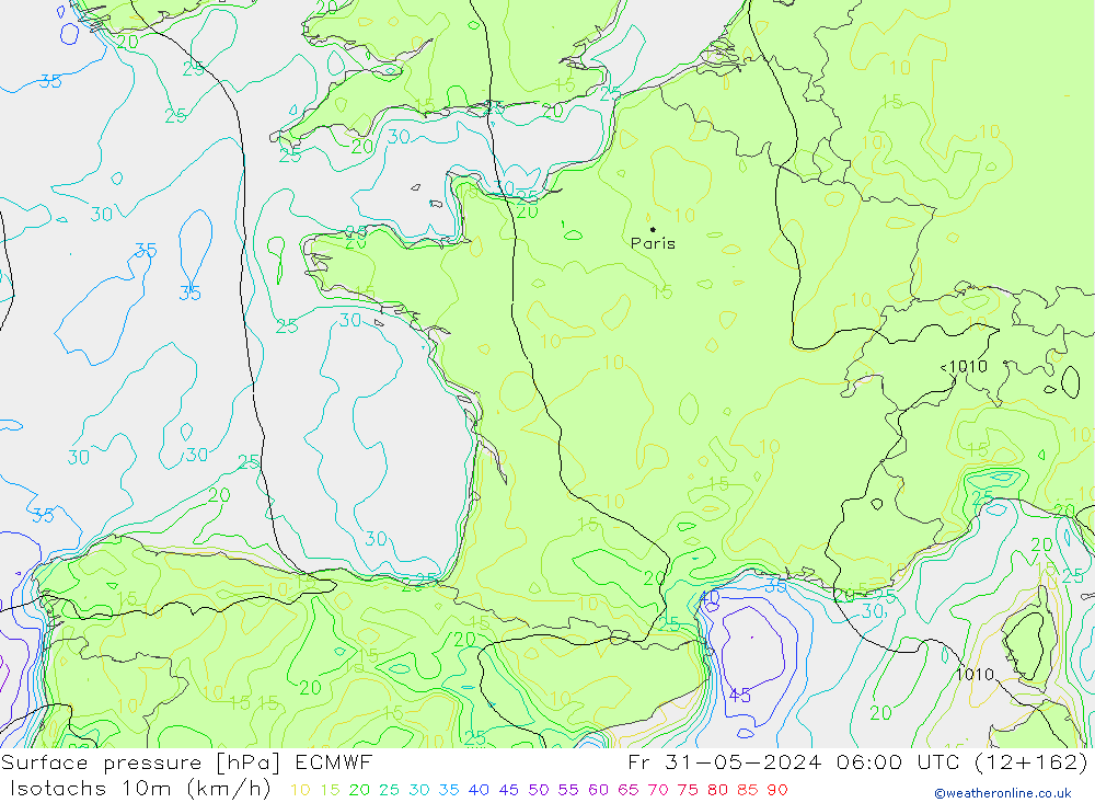 Isotachs (kph) ECMWF Fr 31.05.2024 06 UTC