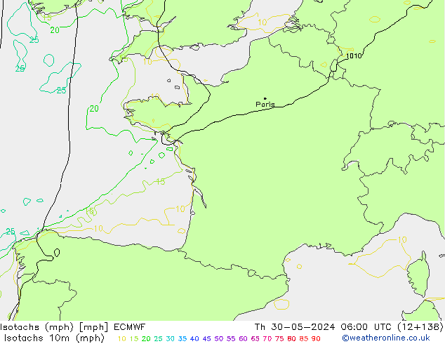 Isotachs (mph) ECMWF  30.05.2024 06 UTC