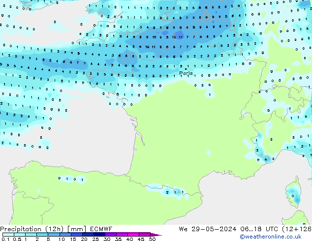 Totale neerslag (12h) ECMWF wo 29.05.2024 18 UTC