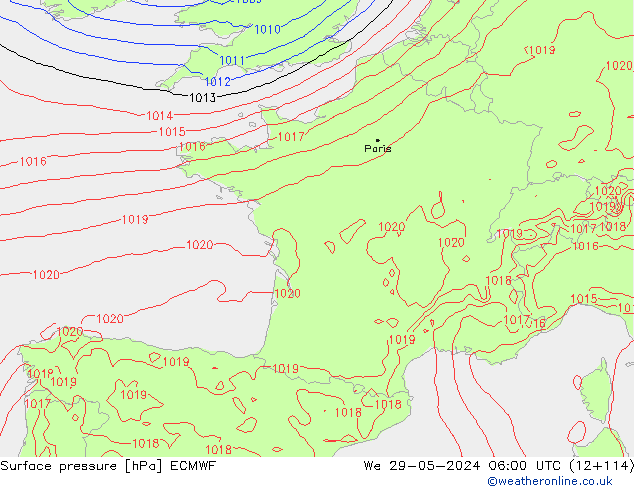 Presión superficial ECMWF mié 29.05.2024 06 UTC