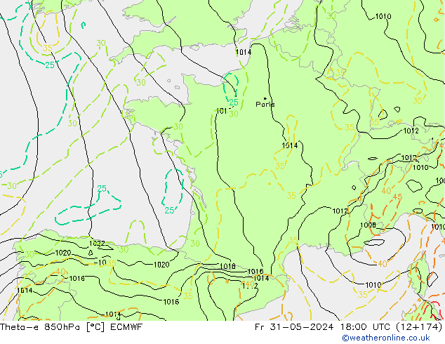 Theta-e 850hPa ECMWF Fr 31.05.2024 18 UTC