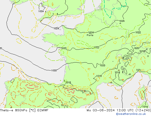 Theta-e 850hPa ECMWF pon. 03.06.2024 12 UTC