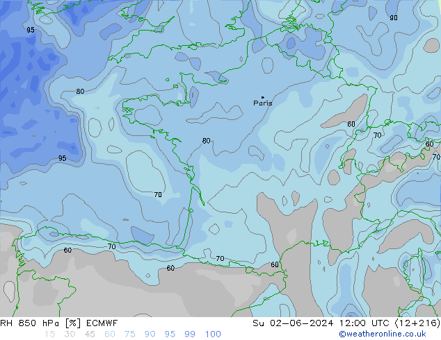 RH 850 hPa ECMWF Su 02.06.2024 12 UTC