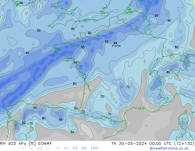 RH 925 hPa ECMWF gio 30.05.2024 00 UTC