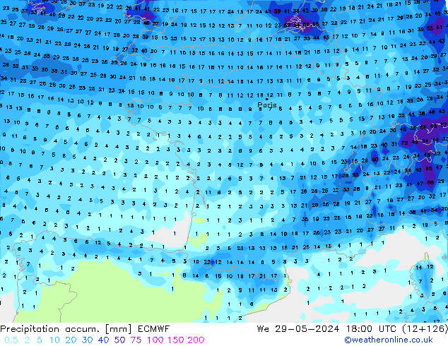 Precipitation accum. ECMWF mer 29.05.2024 18 UTC