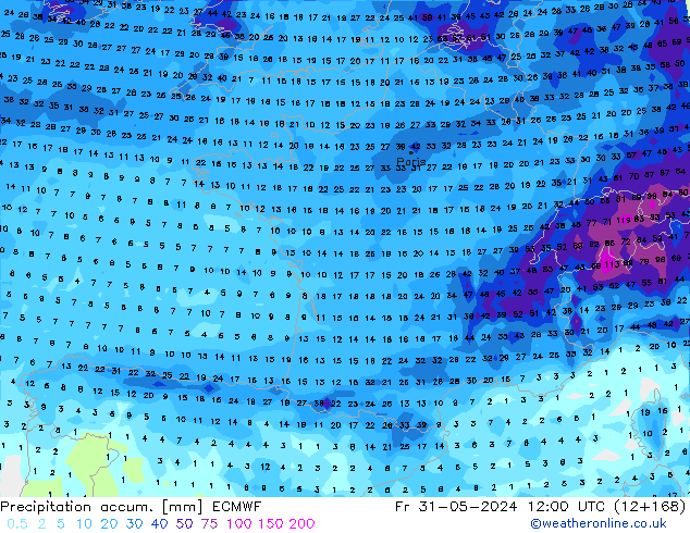 Precipitation accum. ECMWF Pá 31.05.2024 12 UTC