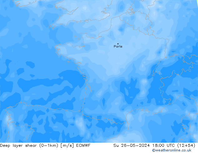 Deep layer shear (0-1km) ECMWF dom 26.05.2024 18 UTC