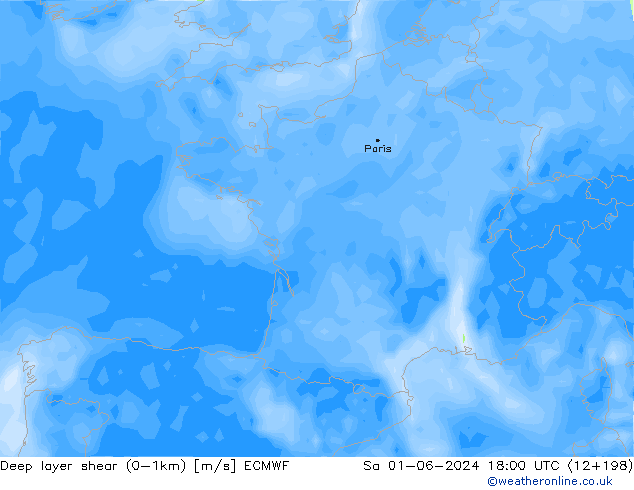 Deep layer shear (0-1km) ECMWF so. 01.06.2024 18 UTC