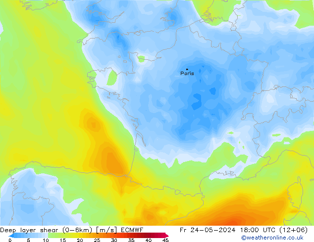 Deep layer shear (0-6km) ECMWF ven 24.05.2024 18 UTC