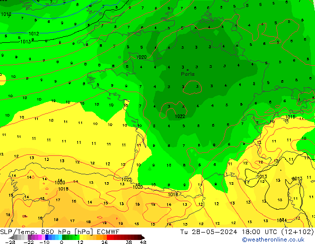 SLP/Temp. 850 hPa ECMWF mar 28.05.2024 18 UTC