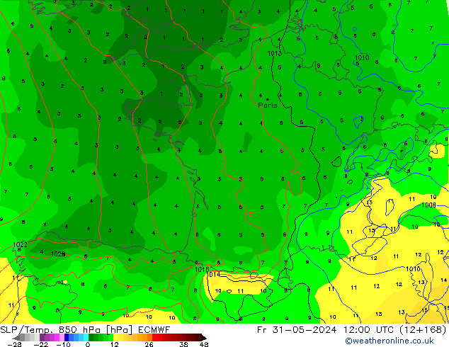 850 hPa Yer Bas./Sıc ECMWF Cu 31.05.2024 12 UTC